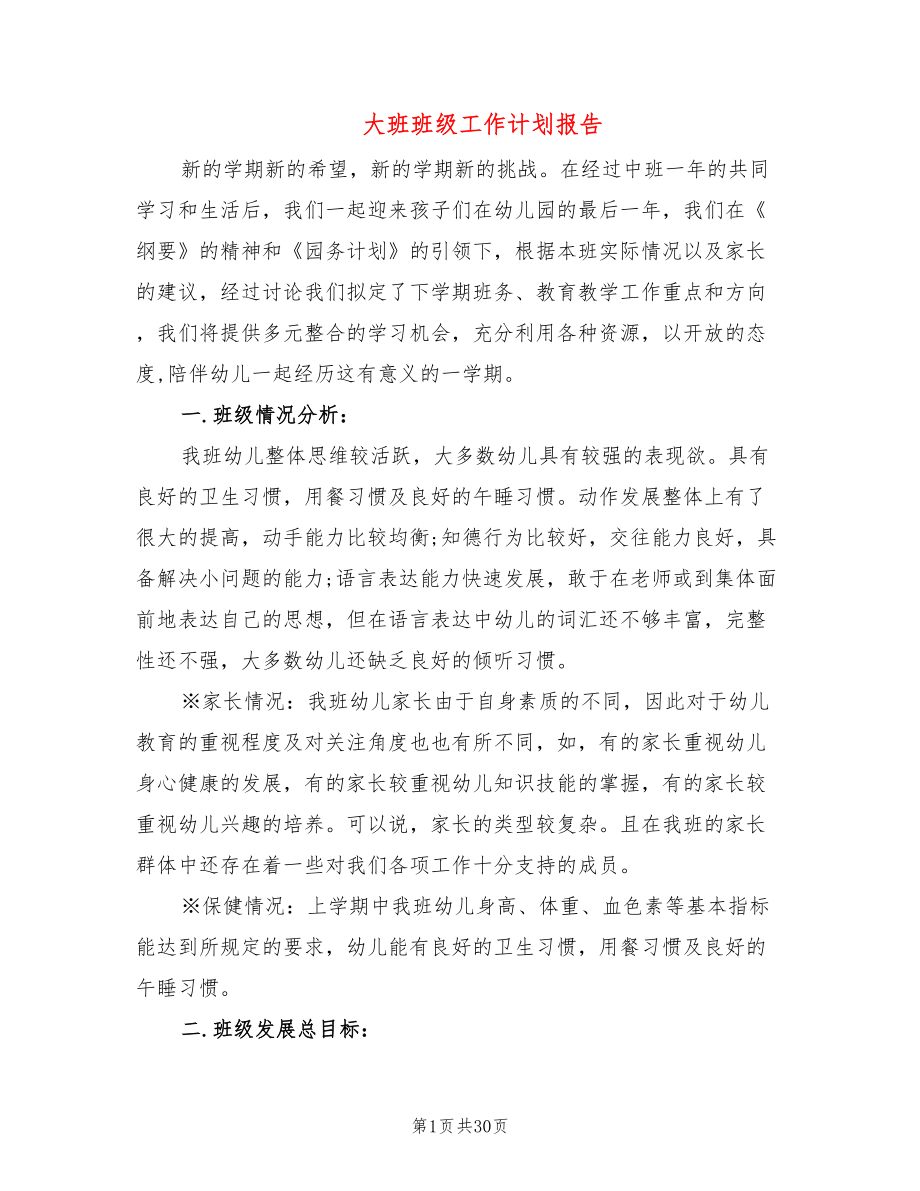 大班班级工作计划报告(8篇)_第1页