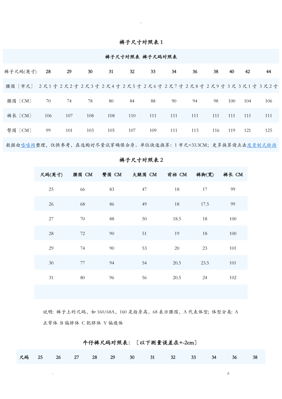 牛仔裤尺码对照表_第1页