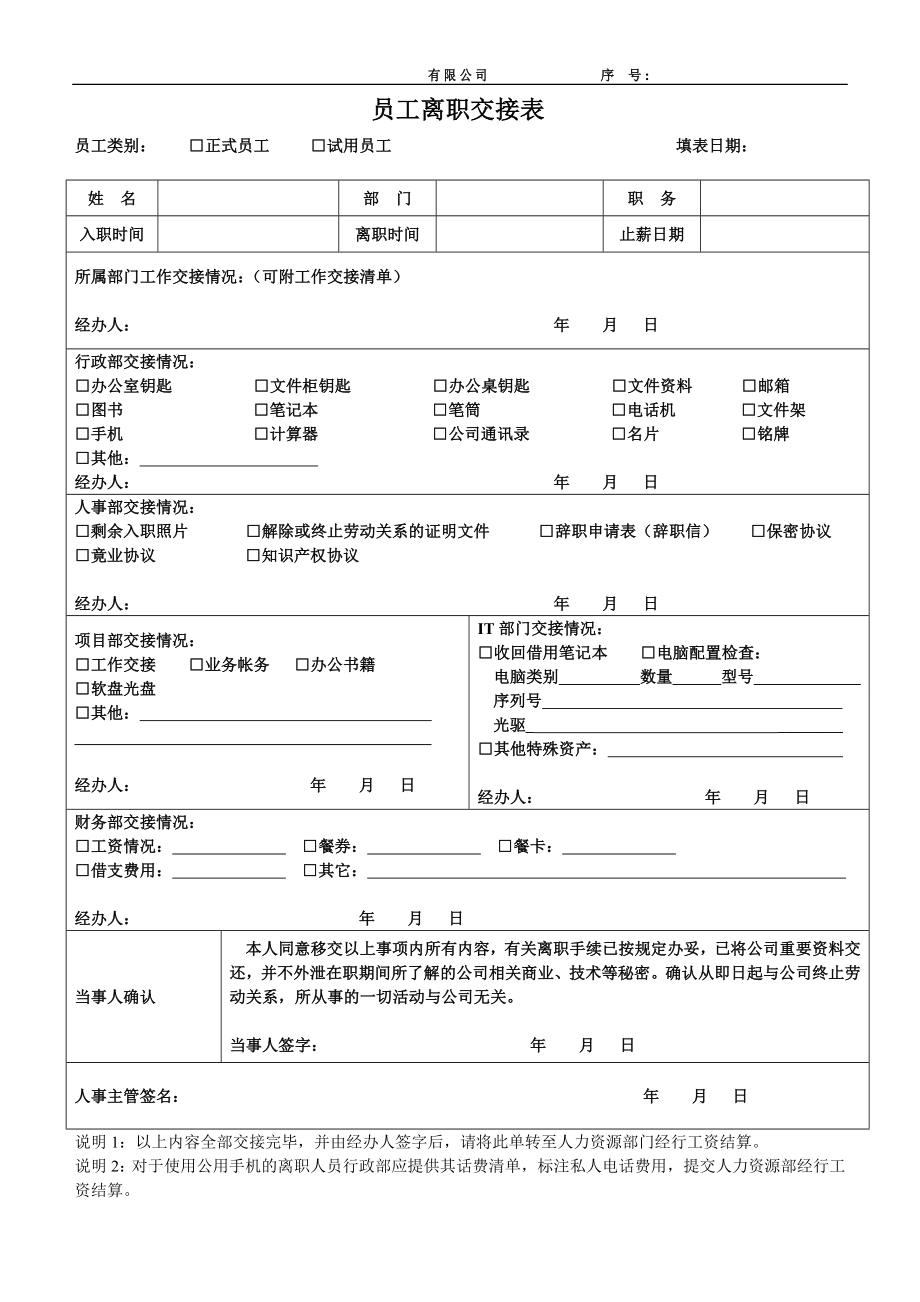 员工离职交接表 格式_第1页