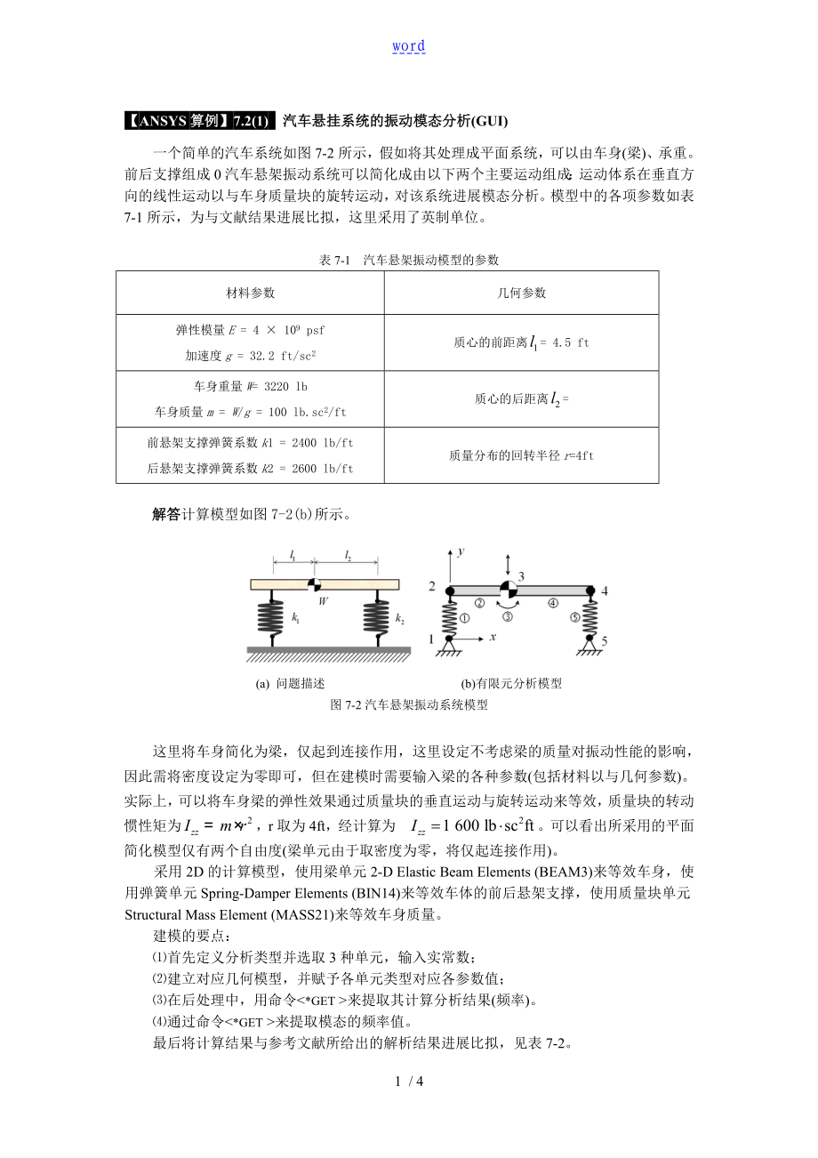 《有限元基础教程》【ANSYS算例】7.21及7.22汽车的悬挂系统地振动模态分析报告报告材料GUI及命令流_第1页