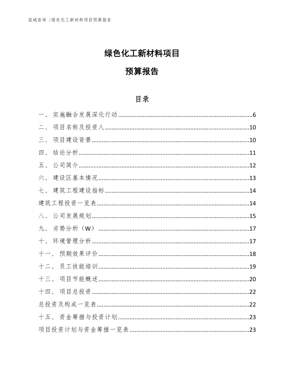 绿色化工新材料项目预算报告（范文）_第1页