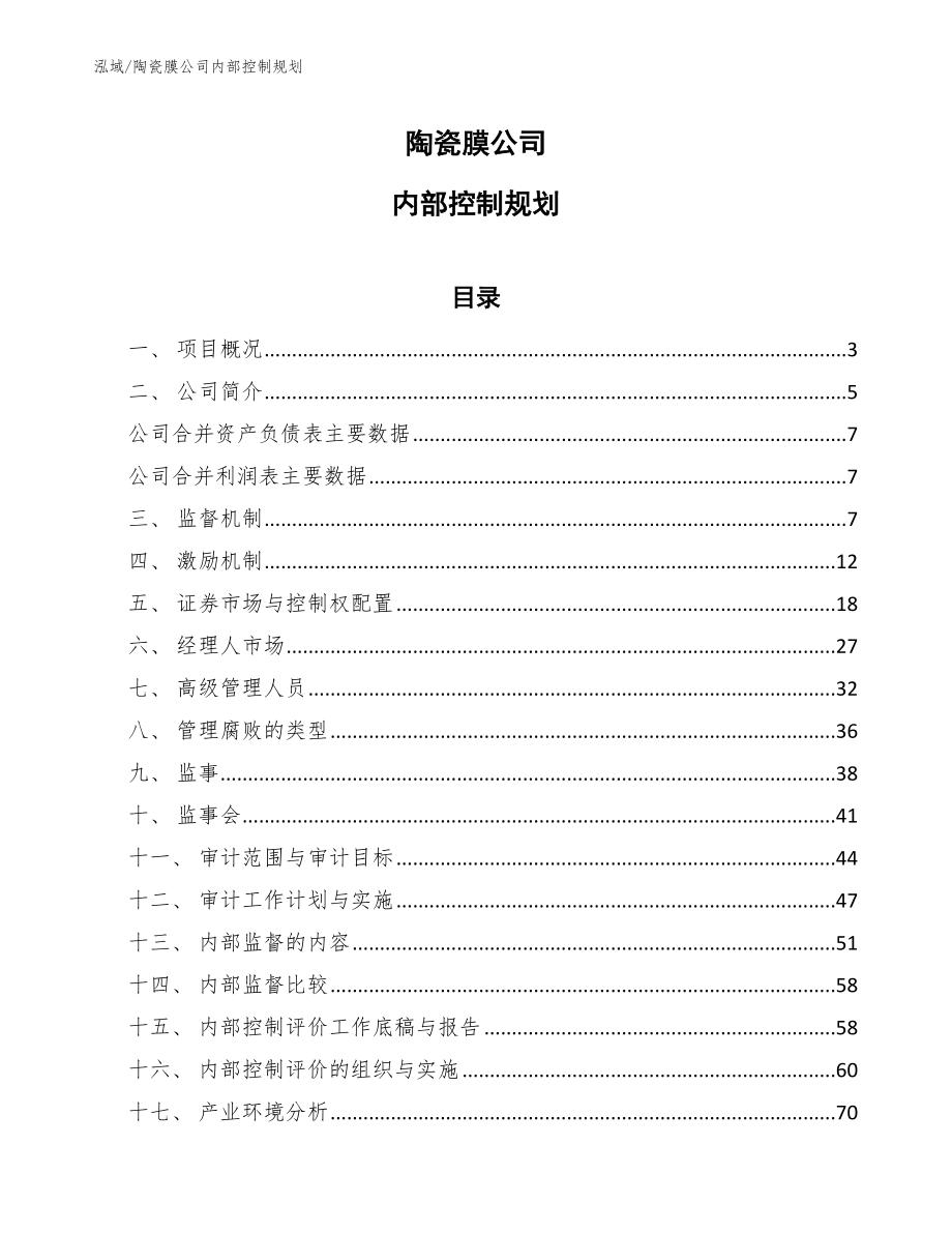 陶瓷膜公司内部控制规划【范文】_第1页