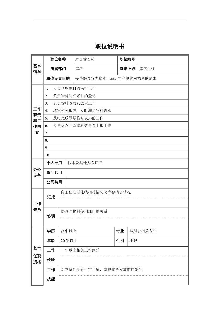 库房管理员职位说明书_第1页