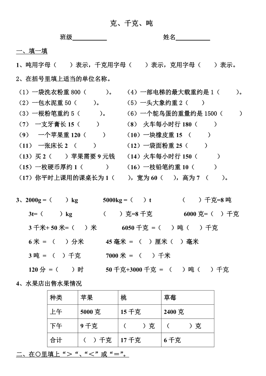 克、千克、吨的认识单元测试题_第1页