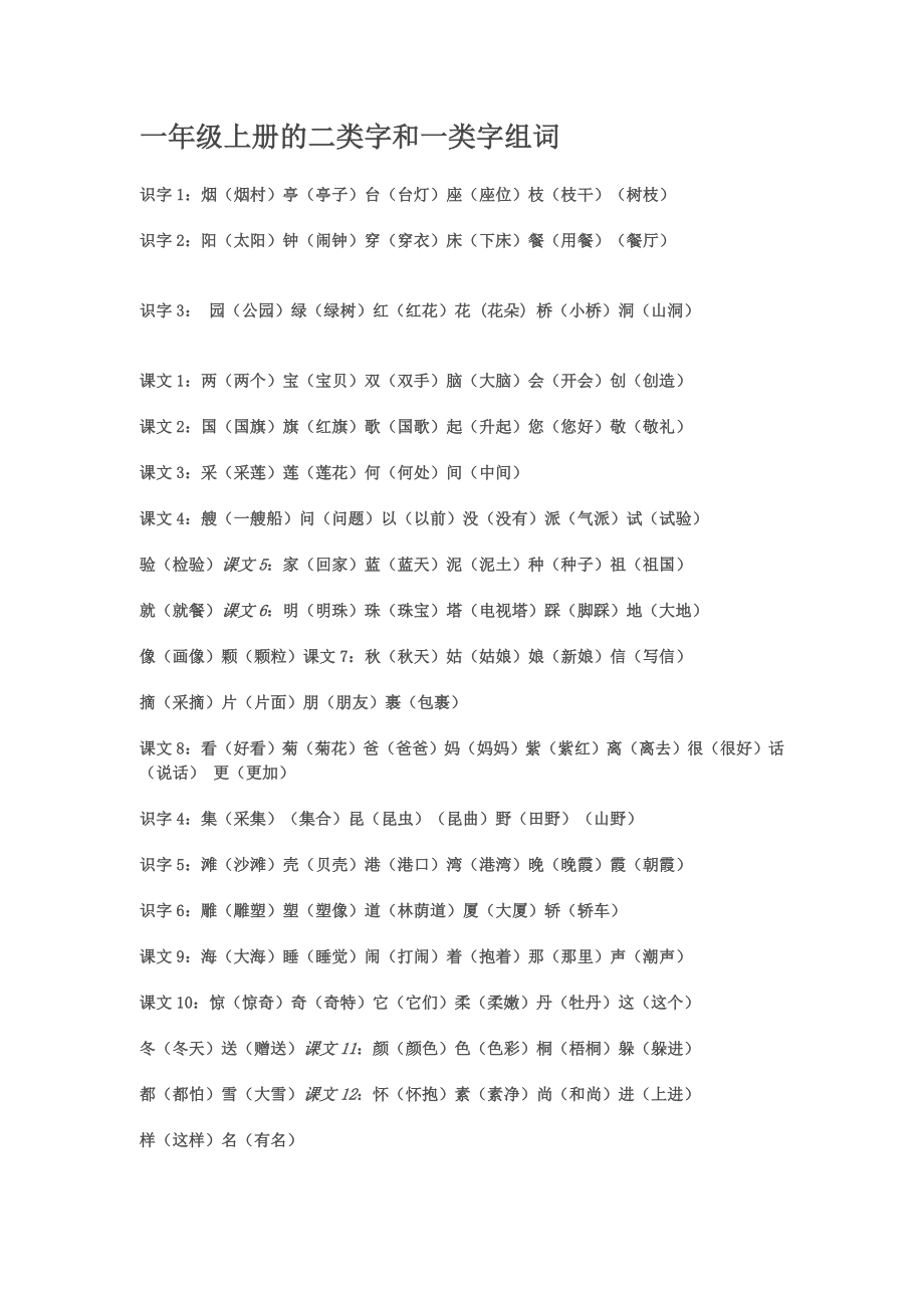 苏教版一年级上册的二类字和一类字组词_第1页