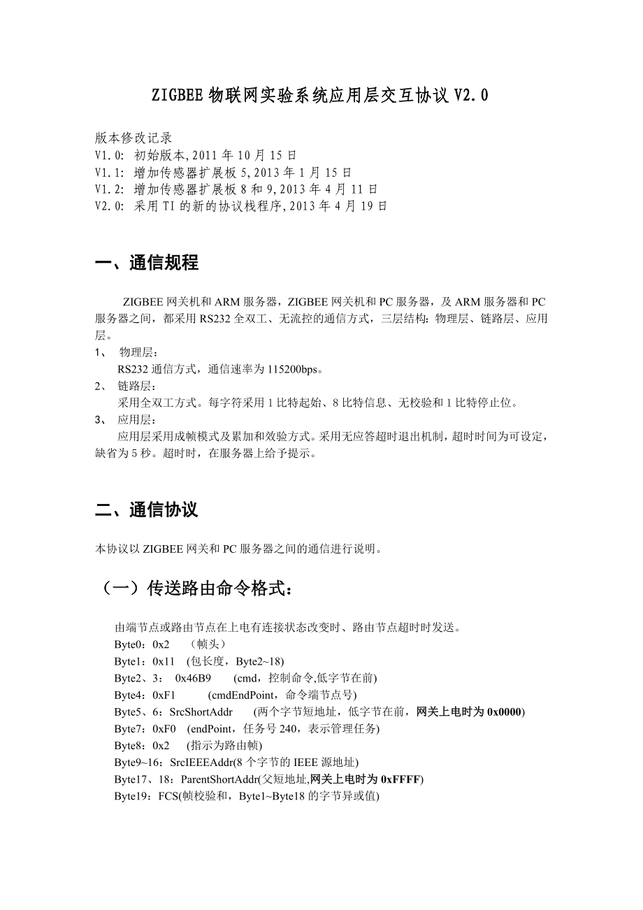 ZIGBEE物联网实验系统应用层交互协议V_第1页