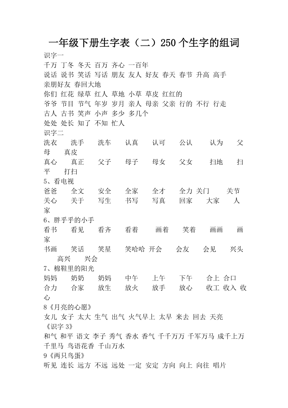 一年级下册生字表250个生字的组词_第1页